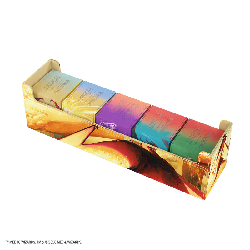 Load image into Gallery viewer, Magic: The Gathering | The Hobbit Treasure Trove - The Treasure of Smaug - View of open storage box shown with five sample deck boxes inside. 
