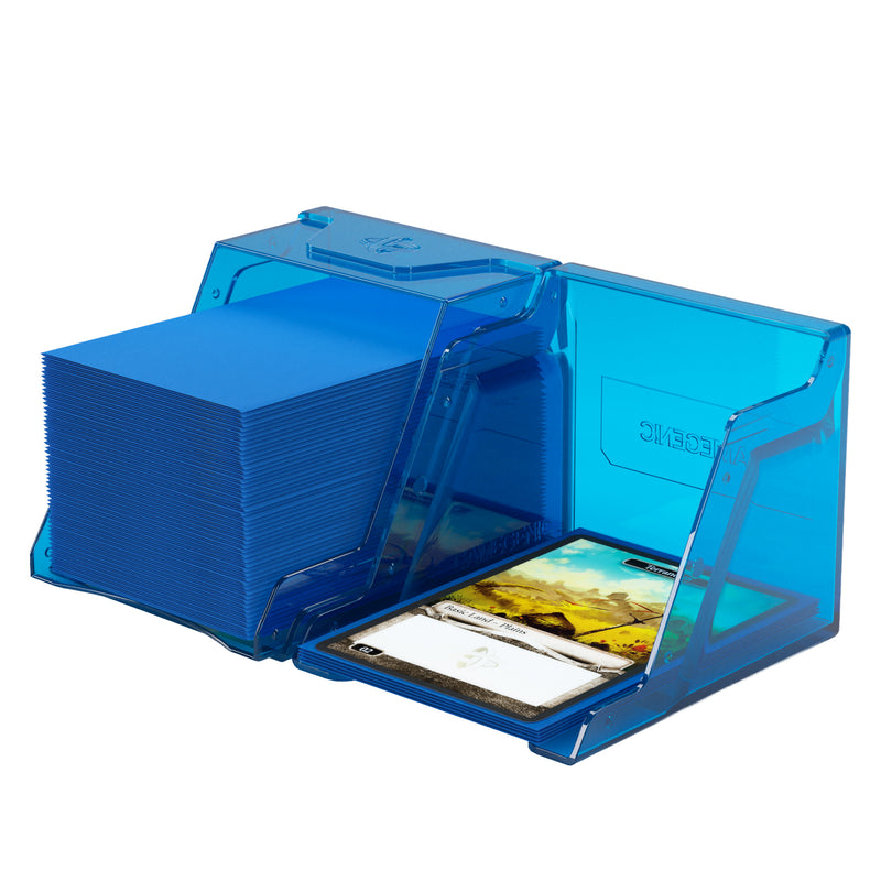 Load image into Gallery viewer, Bastion 80+ XL Blue - View of two halves of deck box with sample cards.
