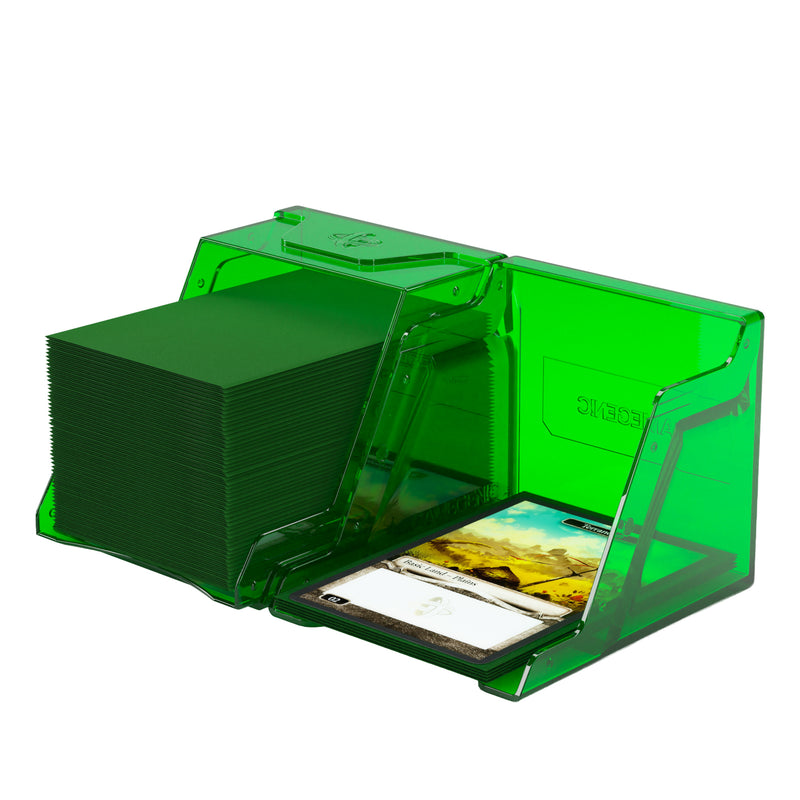 Load image into Gallery viewer, Bastion 80+ XL Green - View of two halves of deck box with sample cards.
