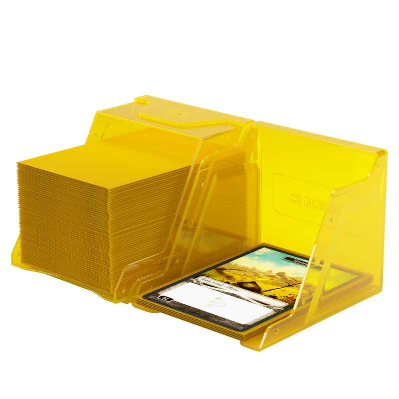 Load image into Gallery viewer, Bastion 80+ XL Yellow - View of two halves of deck box with sample cards.
