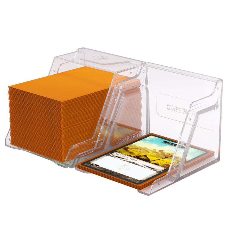 Load image into Gallery viewer, Bastion 80+ XL Clear - View of two halves of deck box with sample cards.
