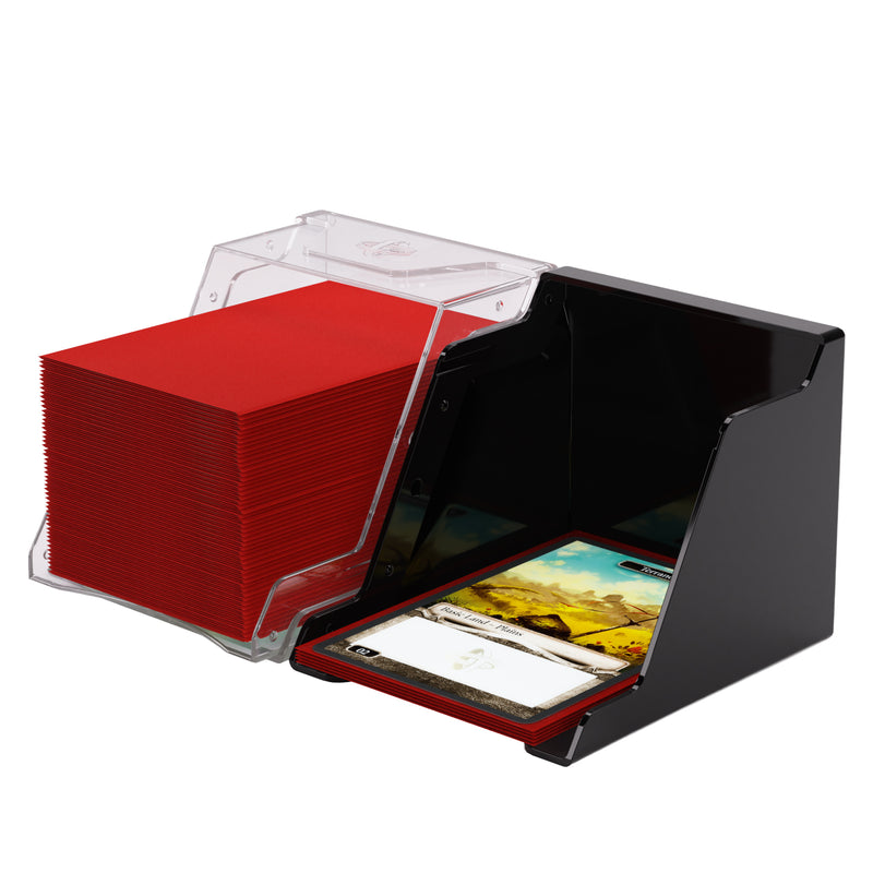 Load image into Gallery viewer, Bastion 80+ XL Black/Clear - View of two halves of deck box with sample cards.

