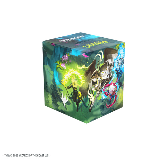 Magic: The Gathering | Secrets of Strixhaven Bastion 100+ XL - Strixhaven Students - view of back of deck box featuring art of an owl and fantasy characters.