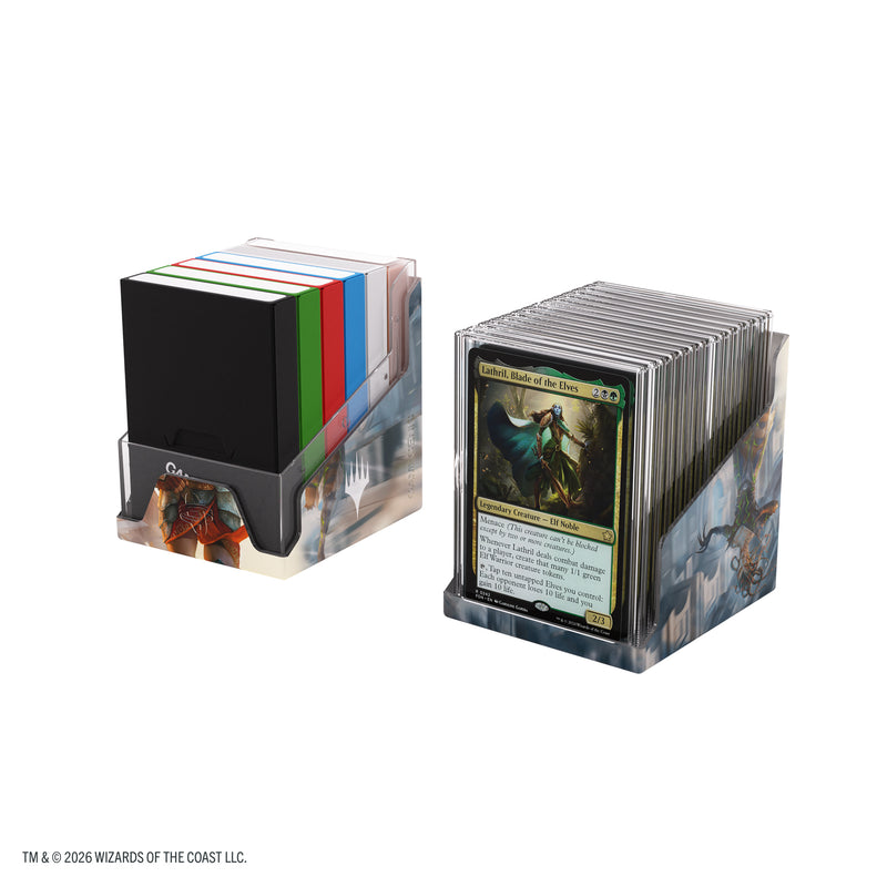 Load image into Gallery viewer, Magic: The Gathering | Reality Fracture Bastion 100+ XL - Charge the Sanctum - View of two haves of deck box shown with sample cards and card cases inside.
