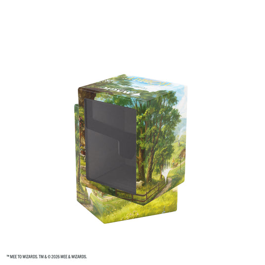 Magic: The Gathering | The Hobbit Bastion 80+ XL - The Shire - View of front of storage box featuring art of The Shire and with clear window on the front of the box. 