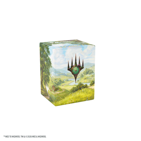 Magic: The Gathering | The Hobbit Bastion 80+ XL - The Shire - View of back of deck box featuring art of the Shire and the Magic the Gathering logo. 