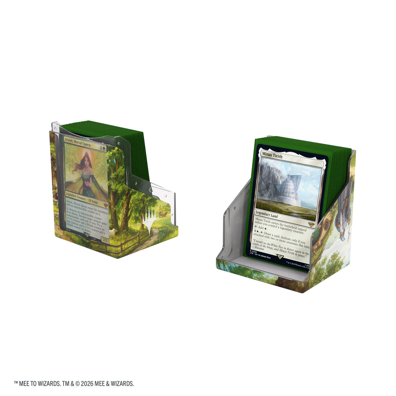 Load image into Gallery viewer, Magic: The Gathering | The Hobbit Bastion 80+ XL - The Shire - View of open deck box with two sides each shown holding sample cards. 
