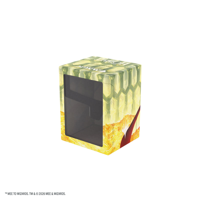 Load image into Gallery viewer, Magic: The Gathering | The Hobbit Bastion 80+ XL - Smaug the Golden - View of front of deck box with window and featuring art of Smaug. 
