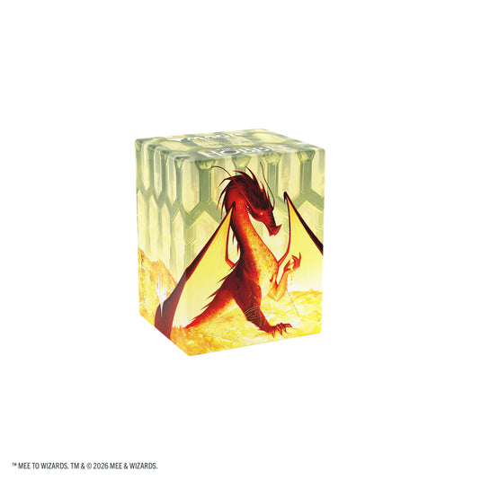 Magic: The Gathering | The Hobbit Bastion 80+ XL - Smaug the Golden - View of back of deck box featuring art of Smaug on top of a pile of treasure. 