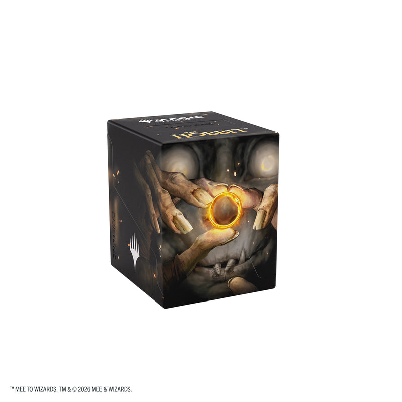 Load image into Gallery viewer, Magic: The Gathering | The Hobbit Bastion 100+ XL - My Precious - View of back of deck box featuring art of Gollum holding The One Ring. 
