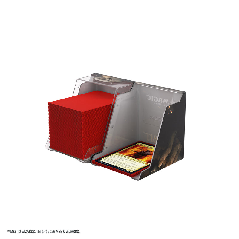 Load image into Gallery viewer, Magic: The Gathering | The Hobbit Bastion 100+ XL - My Precious - View of two sides of deck box shown with sample cards inside. 
