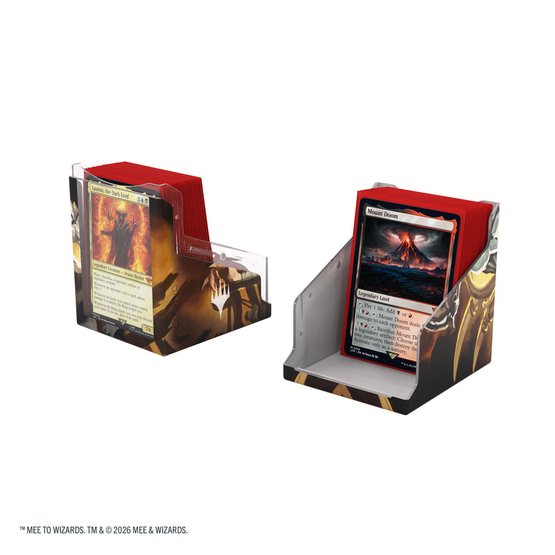 Load image into Gallery viewer, Magic: The Gathering | The Hobbit Bastion 100+ XL - The Great Goblin - View of two halves of deck box with sample cards inside. 
