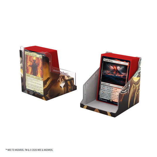 Magic: The Gathering | The Hobbit Bastion 100+ XL - The Great Goblin - View of two halves of deck box with sample cards inside. 