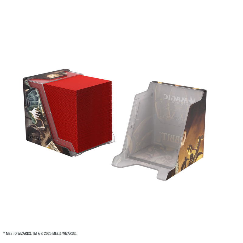Load image into Gallery viewer, Magic: The Gathering | The Hobbit Bastion 100+ XL - The Great Goblin - View of two halves of deck box with sample cards inside. 
