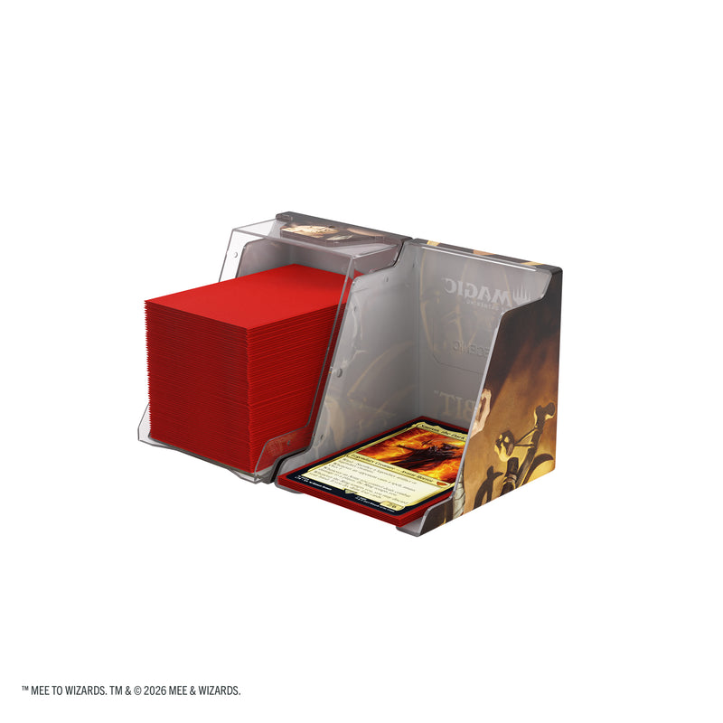 Load image into Gallery viewer, Magic: The Gathering | The Hobbit Bastion 100+ XL - The Great Goblin - View of two halves of deck box with sample cards inside. 
