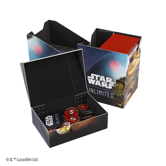 Star Wars: Unlimited Soft Crate - Leia Organa/Jabba the Hutt open box filled with card and compartment in front filled with game tokens.