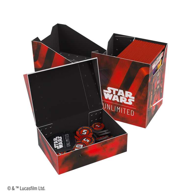 Load image into Gallery viewer, Star Wars: Unlimited Soft Crate - Darth Vader Unstoppable/Director Krennic open box filled with cards and compartment in front filled with game tokens.
