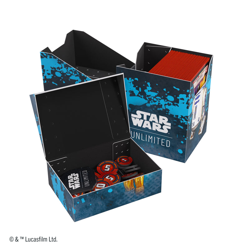 Load image into Gallery viewer, Star Wars: Unlimited Soft Crate - C-3PO/R2-D2 open box with cards inside and compartment in front filled with game tokens.
