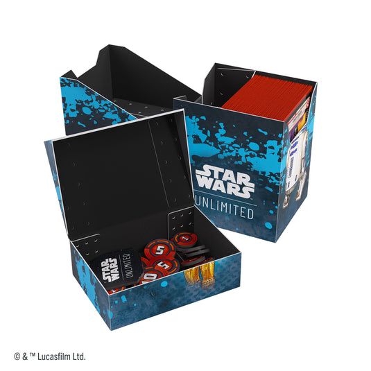 Star Wars: Unlimited Soft Crate - C-3PO/R2-D2 open box with cards inside and compartment in front filled with game tokens.