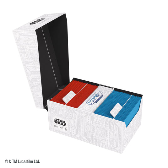 Star Wars: Unlimited Double Soft Crate - Unlimited Pattern White - View of open decks box with sample cards inside and card dividers. 