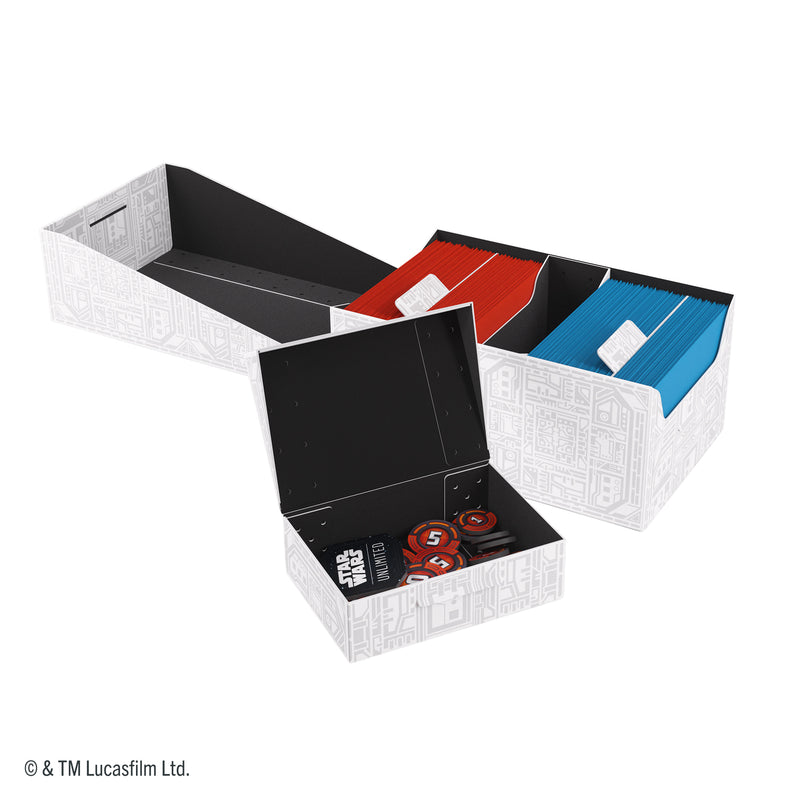 Load image into Gallery viewer, Star Wars: Unlimited Double Soft Crate - Unlimited Pattern White - View of open deck box with sample cards inside and tokens box with sample damage tokens. 
