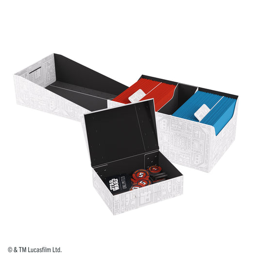 Star Wars: Unlimited Double Soft Crate - Unlimited Pattern White - View of open deck box with sample cards inside and tokens box with sample damage tokens. 