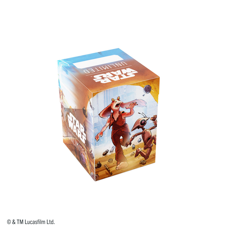Load image into Gallery viewer, Star Wars: Unlimited Soft Crate - Jar Jar Binks - View of back of deck box featuring art of Jar Jar Binks. 

