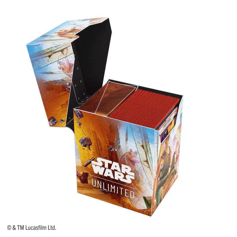 Load image into Gallery viewer, Star Wars: Unlimited Soft Crate - Jar Jar Binks - View of open deck box with token box and sample cards inside. 
