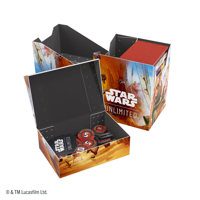 Load image into Gallery viewer, Star Wars: Unlimited Soft Crate - Jar Jar Binks - View of open deck box and token box shown with sample cards and  tokens inside. 
