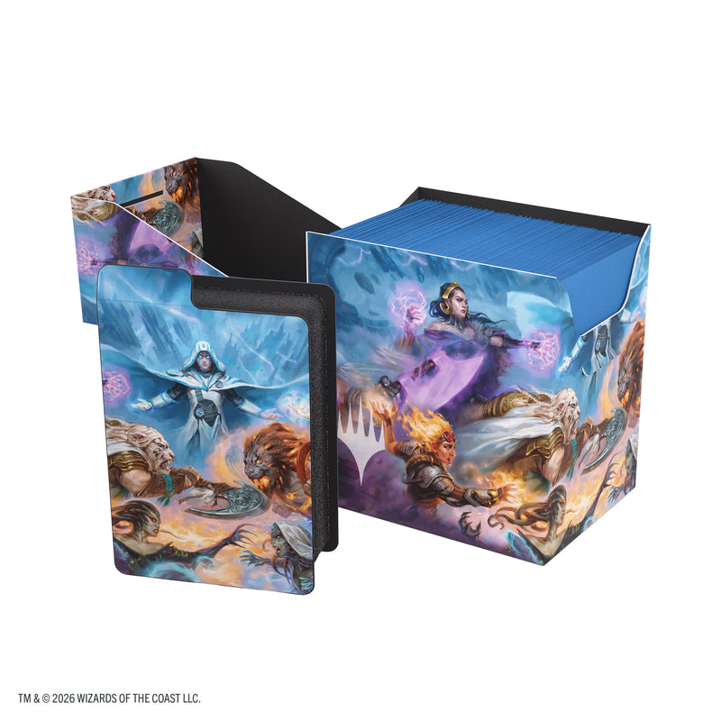 Load image into Gallery viewer, Magic: The Gathering | Reality Fracture Soft Dynacrate 100+ XL - Face Yourself - View of open deck box with sample cards inside, and card divider featuring art of Magic the Gathering characters.
