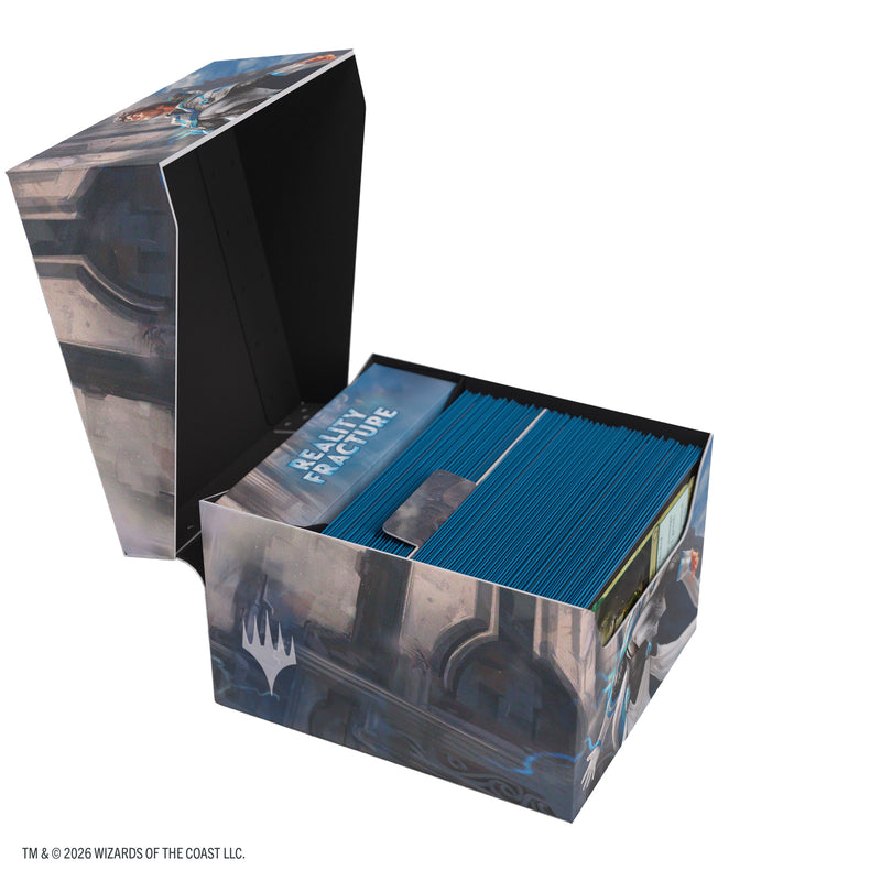 Load image into Gallery viewer, Magic: The Gathering | Reality Fracture Soft Crate 100+ XL Sideloading - Tam Beleren, Conflicted/Jace, Building Reality - View of open deck box with sample cards inside and card divider.
