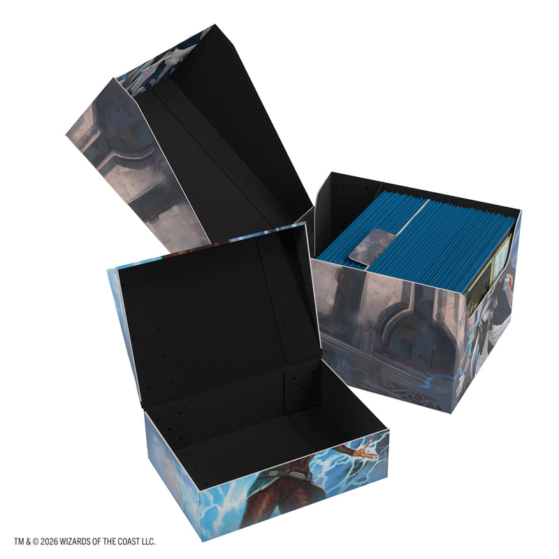 Load image into Gallery viewer, Magic: The Gathering | Reality Fracture Soft Crate 100+ XL Sideloading - Tam Beleren, Conflicted/Jace, Building Reality - View of open deck box and token storage compartment
