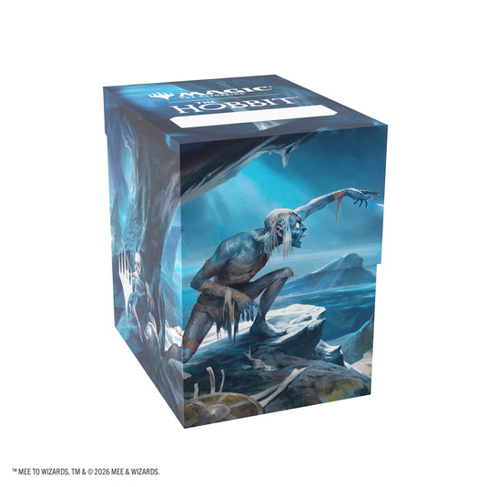 Magic: The Gathering | The Hobbit Soft Dynacrate 100+ XL - Riddles in the Dark - View of front of deck box featuring art of Gollum inside a cave. 