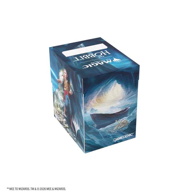 Load image into Gallery viewer, Magic: The Gathering | The Hobbit Soft Dynacrate 100+ XL - Riddles in the Dark - View of back of deck box featuring art of a boat inside a cave next to a pile of bones. 
