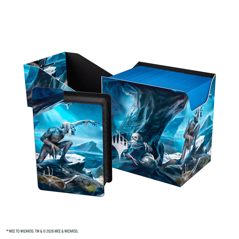 Load image into Gallery viewer, Magic: The Gathering | The Hobbit Soft Dynacrate 100+ XL - Riddles in the Dark - View of open deck box with sample cards inside, and card divider featuring art of Gollum.
