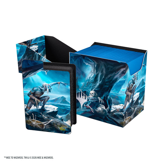 Magic: The Gathering | The Hobbit Soft Dynacrate 100+ XL - Riddles in the Dark - View of open deck box with sample cards inside, and card divider featuring art of Gollum.