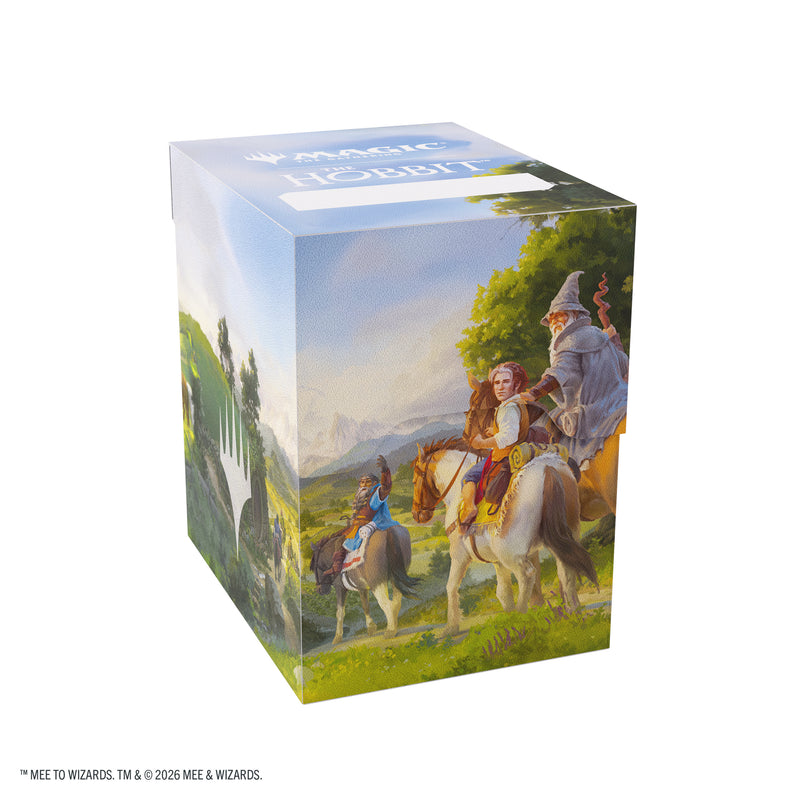 Load image into Gallery viewer, Magic: The Gathering | The Hobbit Soft Crate 80+ - Leaving Hobbiton/Troop of Ponies - View of back of deck box featuring art of Gandalf and Bilbo Baggins leaving the Shire. 
