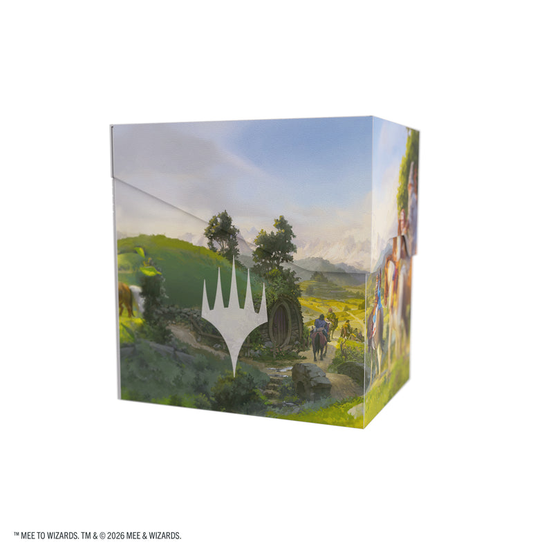 Load image into Gallery viewer, Magic: The Gathering | The Hobbit Soft Crate 80+ - Leaving Hobbiton/Troop of Ponies - View of side deck box featuring art of the shire and Magic the Gathering Logo. 
