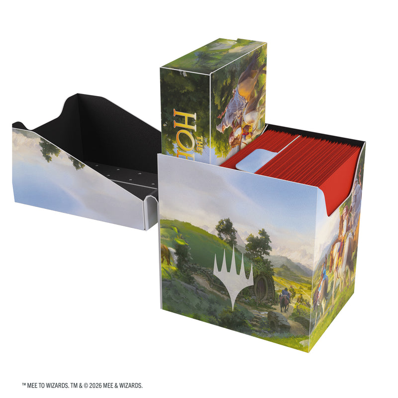 Load image into Gallery viewer, Magic: The Gathering | The Hobbit Soft Crate 80+ - Leaving Hobbiton/Troop of Ponies - View of open deck box and token storage box featuring art of the Shire. 
