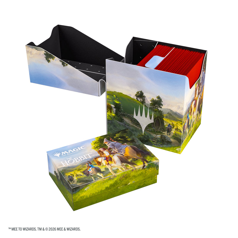 Load image into Gallery viewer, Magic: The Gathering | The Hobbit Soft Crate 80+ - Leaving Hobbiton/Troop of Ponies - View of open deck box with sample cards inside and token box featuring art of the shire. 
