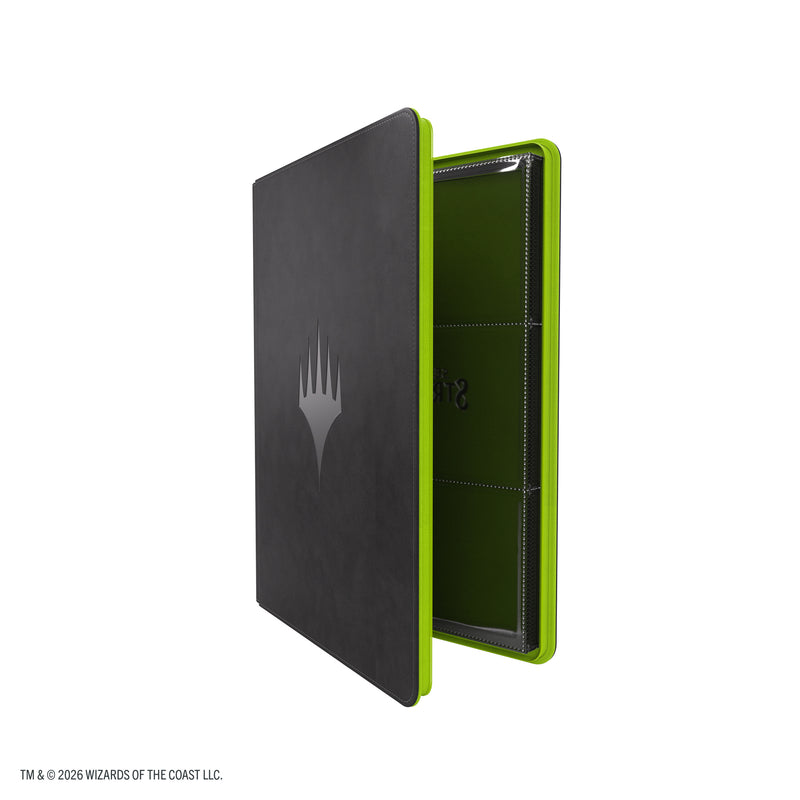 Load image into Gallery viewer, Magic: The Gathering | Secrets of Strixhaven Prime Zip-Up Album 18-Pocket - Black/Green - view of partially open album showing green zipper. 

