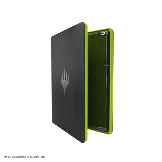 Magic: The Gathering | Secrets of Strixhaven Prime Zip-Up Album 18-Pocket - Black/Green - view of partially open album showing green zipper. 