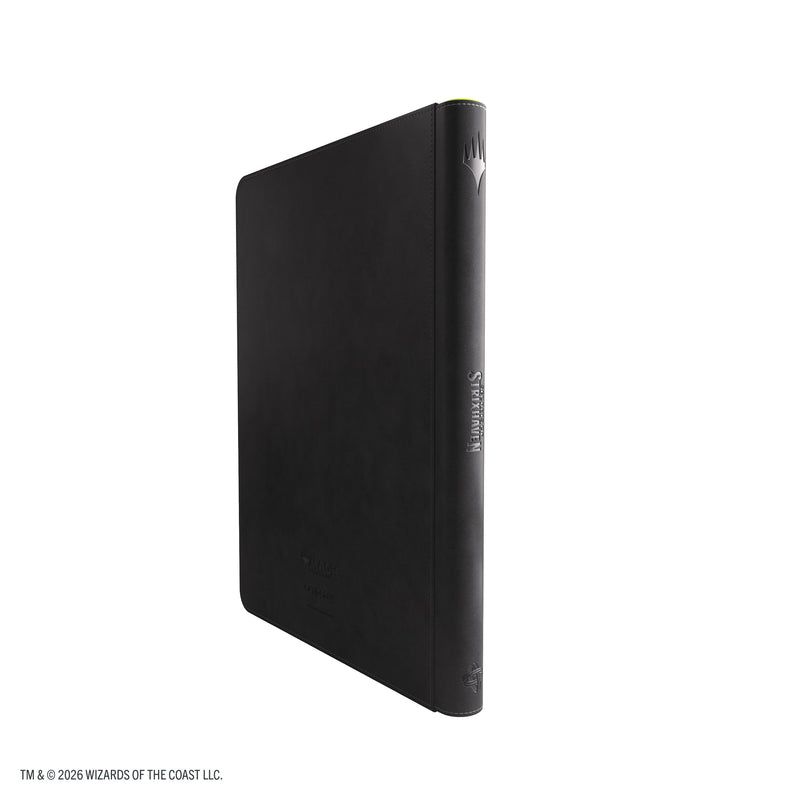 Load image into Gallery viewer, Magic: The Gathering | Secrets of Strixhaven Prime Zip-Up Album 18-Pocket - Black/Green - view of back of album with Strixhaven on the spine. 
