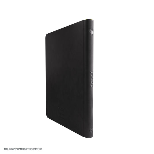 Magic: The Gathering | Secrets of Strixhaven Prime Zip-Up Album 18-Pocket - Black/Green - view of back of album with Strixhaven on the spine. 