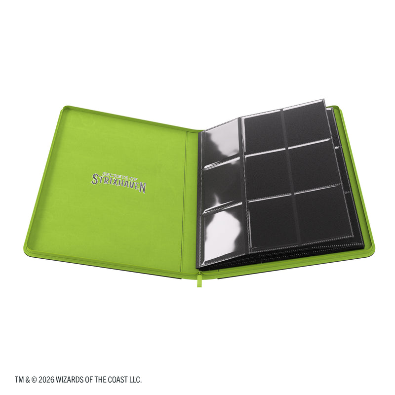 Load image into Gallery viewer, Magic: The Gathering | Secrets of Strixhaven Prime Zip-Up Album 18-Pocket - Black/Green - view of open album showing green cover with Strixhaven in silver and card sheet with 9 pockets.
