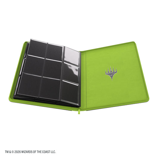 Magic: The Gathering | Secrets of Strixhaven Prime Zip-Up Album 18-Pocket - Black/Green - view of open album showing green back cover with Magic: The Gathering logo in silver and card sheet with 9 pockets.