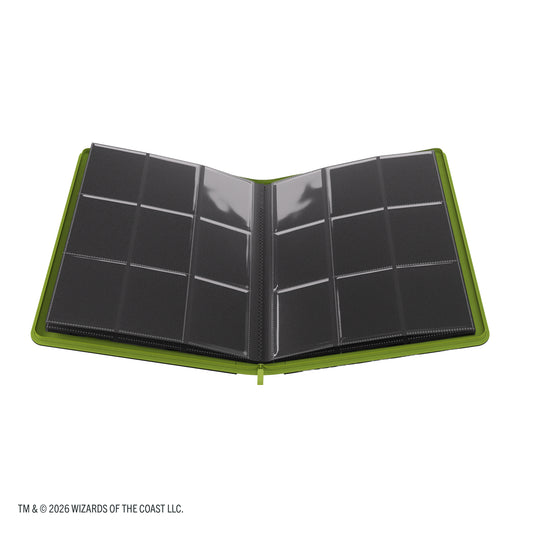 Magic: The Gathering | Secrets of Strixhaven Prime Zip-Up Album 18-Pocket - Black/Green - view of open album showing card sheets with 9 pockets. 