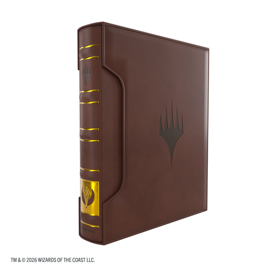 Magic: The Gathering | Secrets of Strixhaven Cards Almanac Slipcase Album 18-Pocket - Silverquill - view of front of brown album inside slipcase with Magic: The Gathering Logo. 