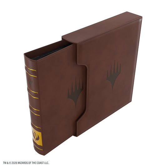 Magic: The Gathering | Secrets of Strixhaven Cards Almanac Slipcase Album 18-Pocket - Silverquill - view of front of album partially pulled out of slip case with the Magic: The Gathering logo on the cover.