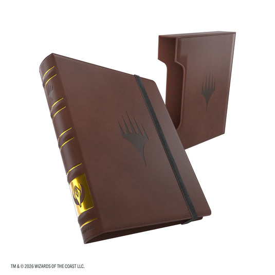 Magic: The Gathering | Secrets of Strixhaven Cards Almanac Slipcase Album 18-Pocket - Silverquill - view of brown album with Magic: The Gathering logo in black on cover, with slipcase shown in the background.